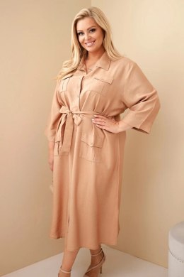 Sukienka damska bawełniana Plus Size koszulowa z paskiem camelowa