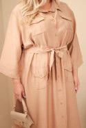 Sukienka damska bawełniana Plus Size koszulowa z paskiem camelowa