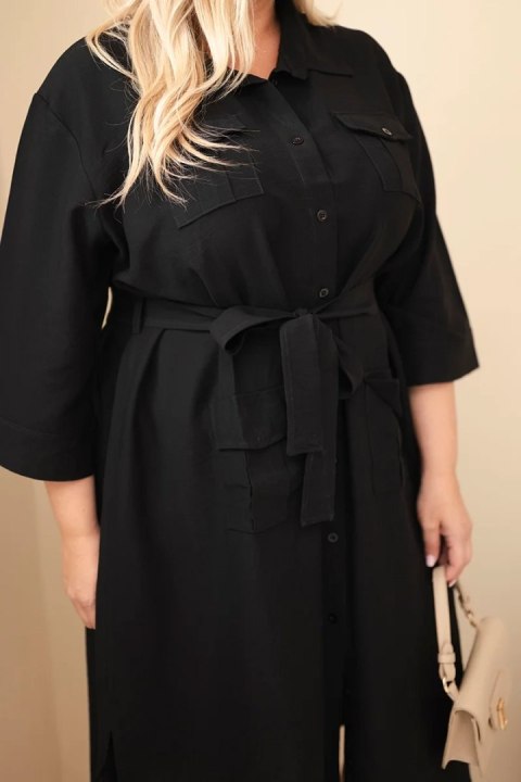 Sukienka damska bawełniana Plus Size koszulowa z paskiem czarna