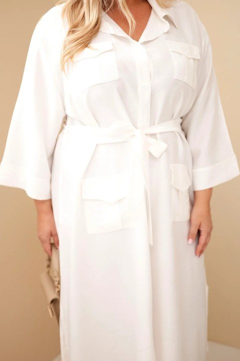 Sukienka damska bawełniana Plus Size koszulowa z paskiem ecru