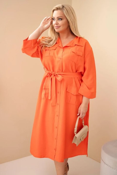 Sukienka damska bawełniana Plus Size koszulowa z paskiem pomarańczowa