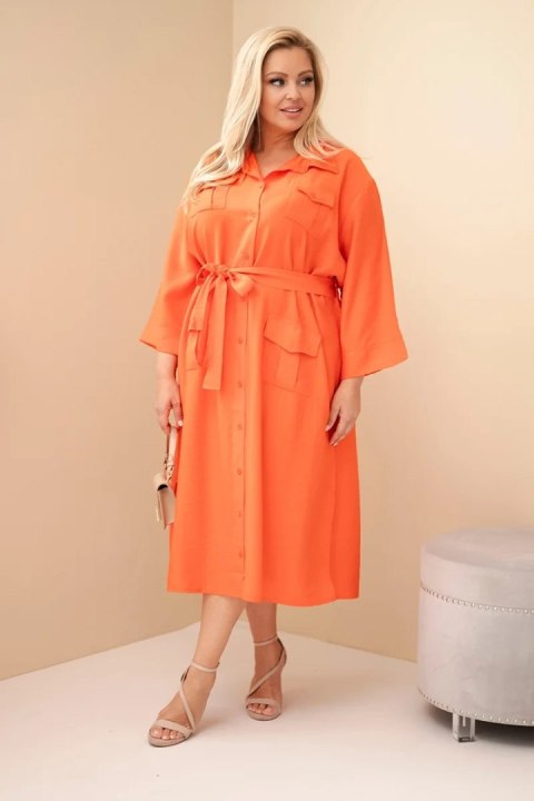 Sukienka damska bawełniana Plus Size koszulowa z paskiem pomarańczowa