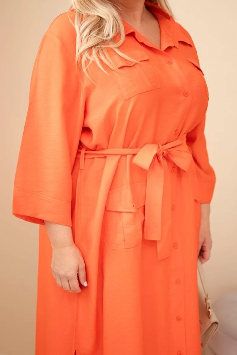 Sukienka damska bawełniana Plus Size koszulowa z paskiem pomarańczowa