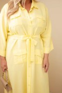 Sukienka damska bawełniana Plus Size koszulowa z paskiem żółta