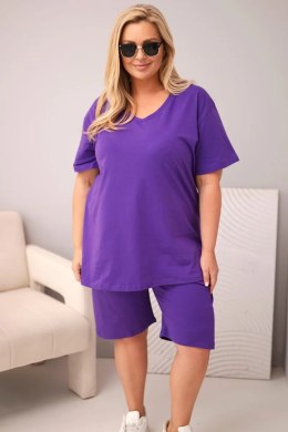 Komplet damski bawełniany Plus Size z bluzką i spodenkami fioletowy