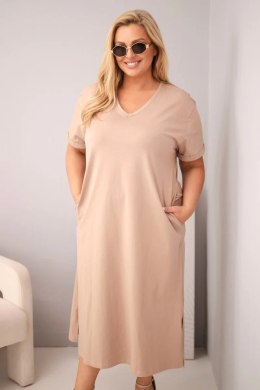 Sukienka damska Plus Size bawełniana z dekoltem w serek fango