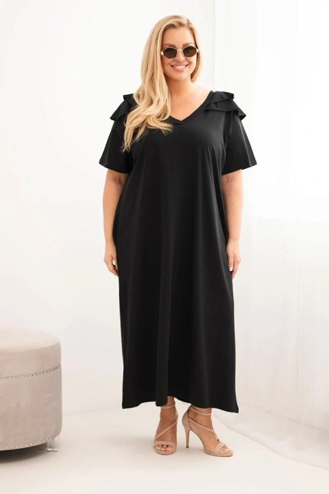 Sukienka damska Plus Size bawełniana z falbanką na ramionach czarna