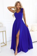 643-8 Elegancka wieczorowa suknia maxi z rozcięciem i różami - chabrowa