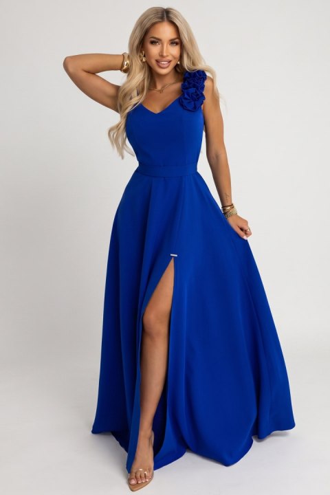 643-8 Elegancka wieczorowa suknia maxi z rozcięciem i różami - chabrowa