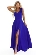643-8 Elegancka wieczorowa suknia maxi z rozcięciem i różami - chabrowa