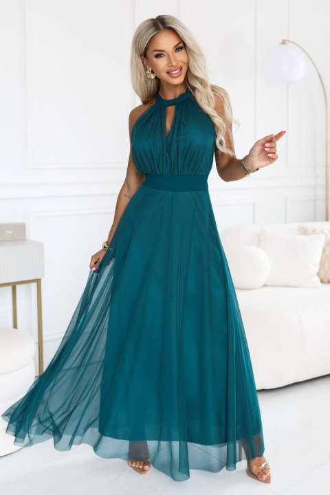 662-4 Elegancka sukienka wieczorowa maxi halter z tiulem i wiązaniem w talii - zielona