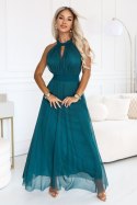 662-4 Elegancka sukienka wieczorowa maxi halter z tiulem i wiązaniem w talii - zielona