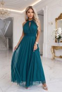 662-4 Elegancka sukienka wieczorowa maxi halter z tiulem i wiązaniem w talii - zielona