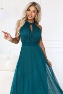 662-4 Elegancka sukienka wieczorowa maxi halter z tiulem i wiązaniem w talii - zielona