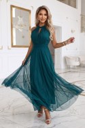 662-4 Elegancka sukienka wieczorowa maxi halter z tiulem i wiązaniem w talii - zielona