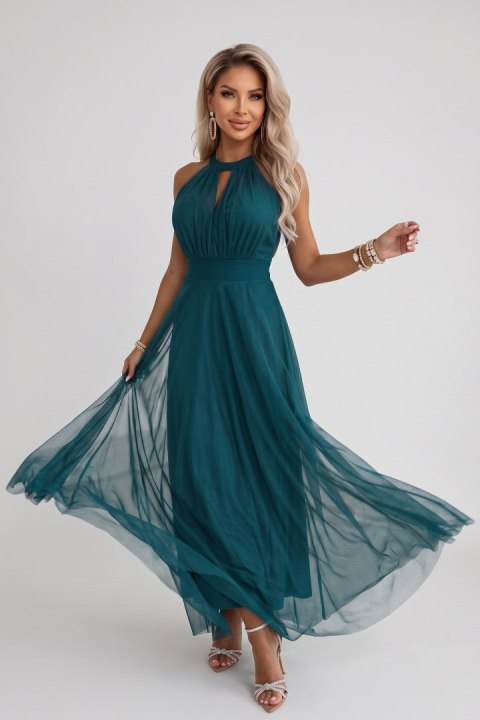 662-4 Elegancka sukienka wieczorowa maxi halter z tiulem i wiązaniem w talii - zielona