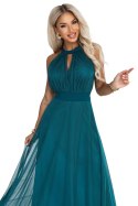 662-4 Elegancka sukienka wieczorowa maxi halter z tiulem i wiązaniem w talii - zielona
