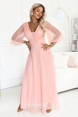 682-2 SOLENNE Długa połyskująca sukienka z dekoltem i rękawkiem - brzoskwiniowa