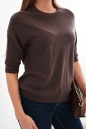 Sweter damski z baby alpaki z krótkim rękawem i okrągłym dekoltem brązowy